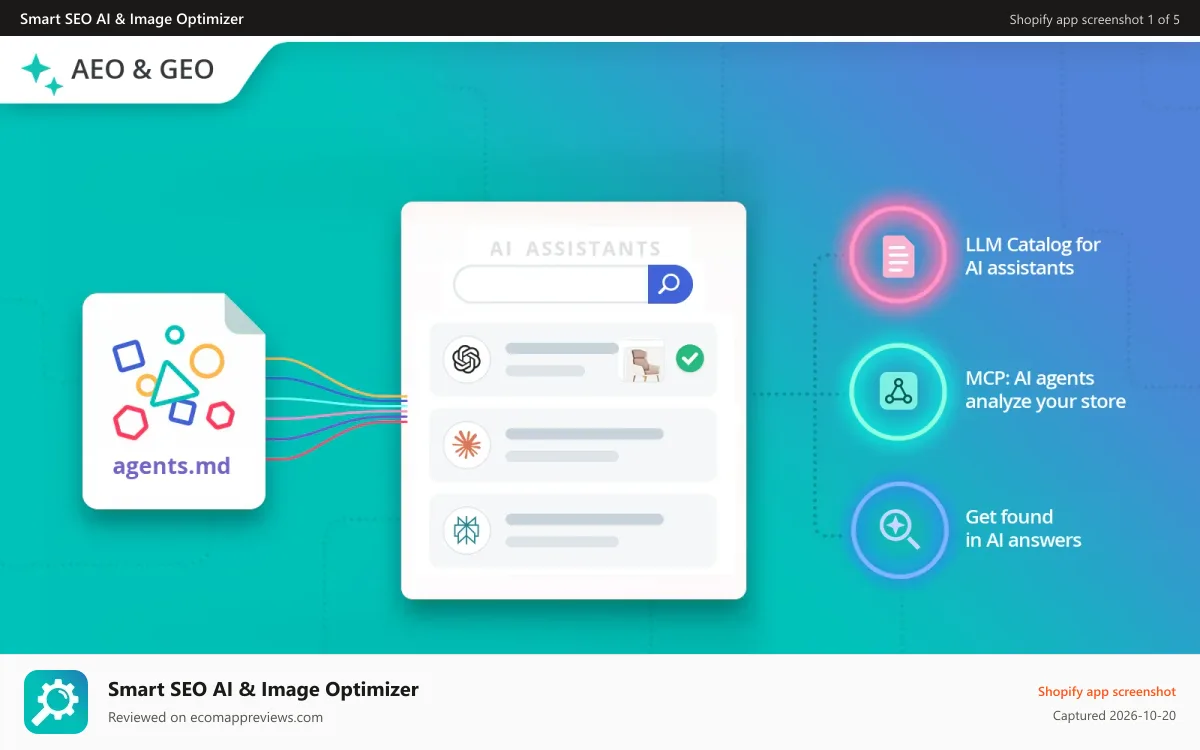 Smart SEO AI & Image Optimizer Shopify app screenshot: AEO & GEO: LLM Catalog & MCP - get found in AI answers