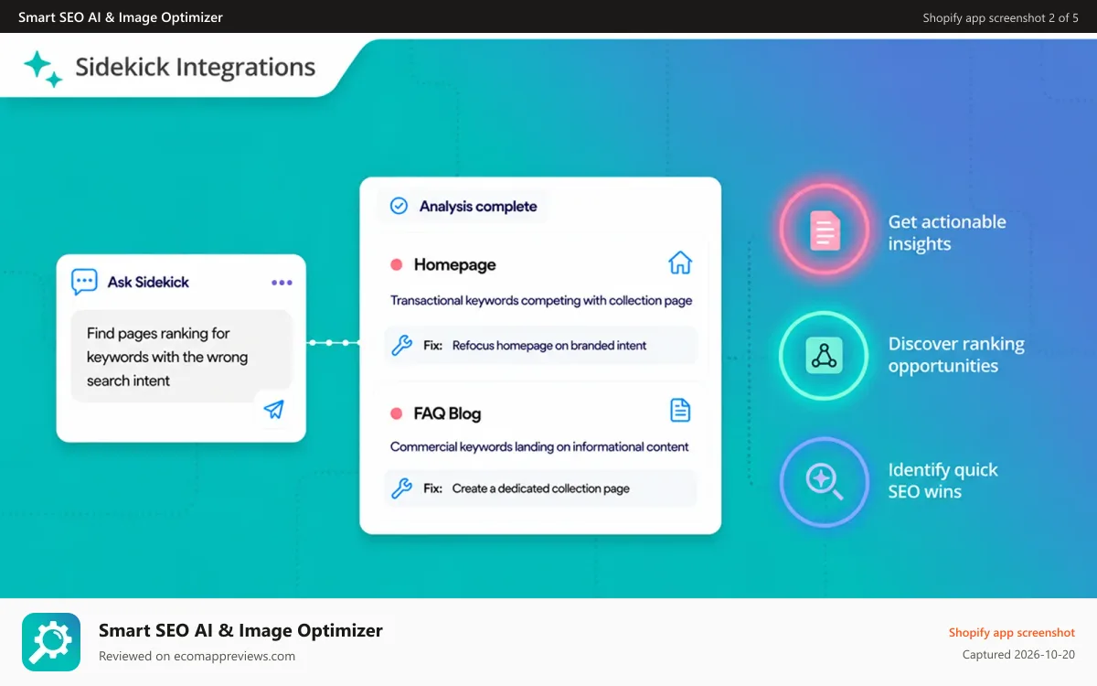 Smart SEO AI & Image Optimizer Shopify app screenshot: Shopify SEO Sidekick Integrations