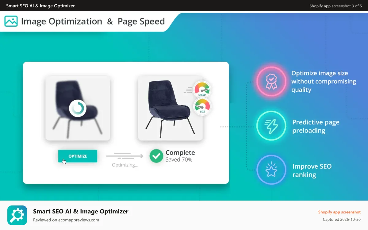 Smart SEO AI & Image Optimizer Shopify app screenshot: Shopify SEO Image Optimization & Page Speed