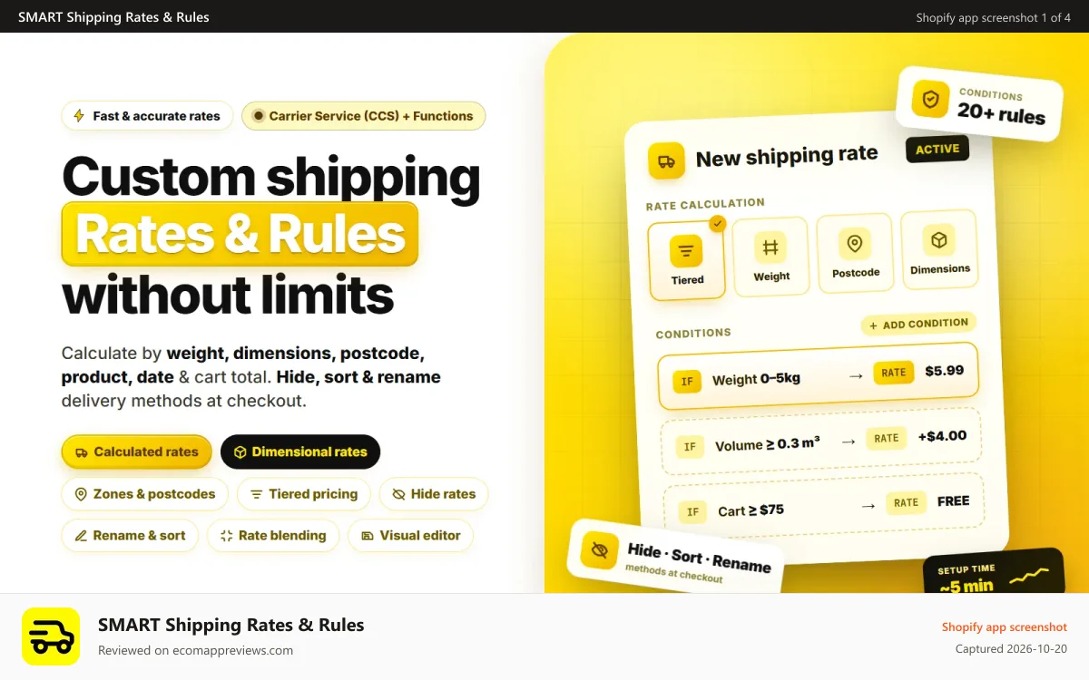 SMART Shipping Rates & Rules Shopify app screenshot: Shipping Rates Calculation & Delivery Customization Rules
