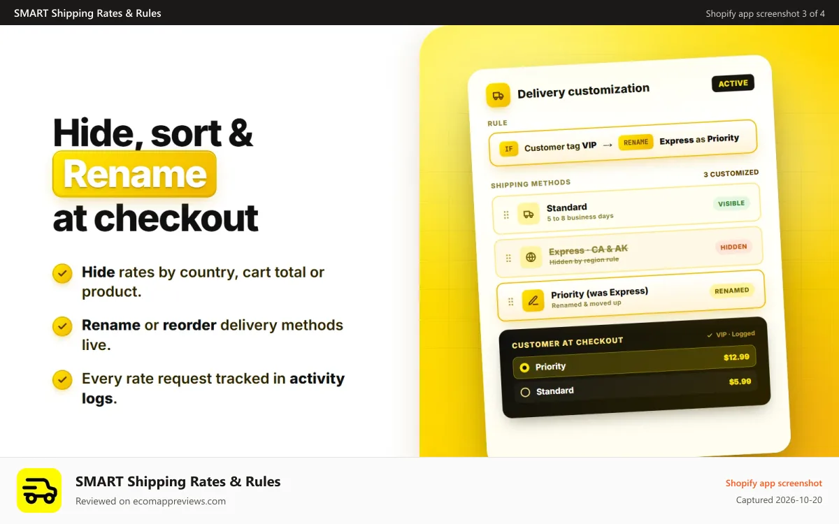 SMART Shipping Rates & Rules Shopify app screenshot: Hide, sort & rename delivery methods at checkout
