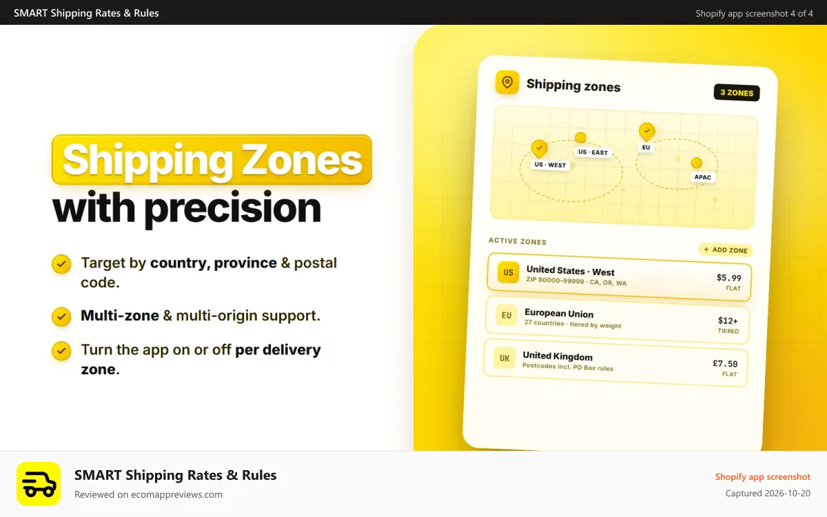 SMART Shipping Rates & Rules Shopify app screenshot: Shipping zones with precision