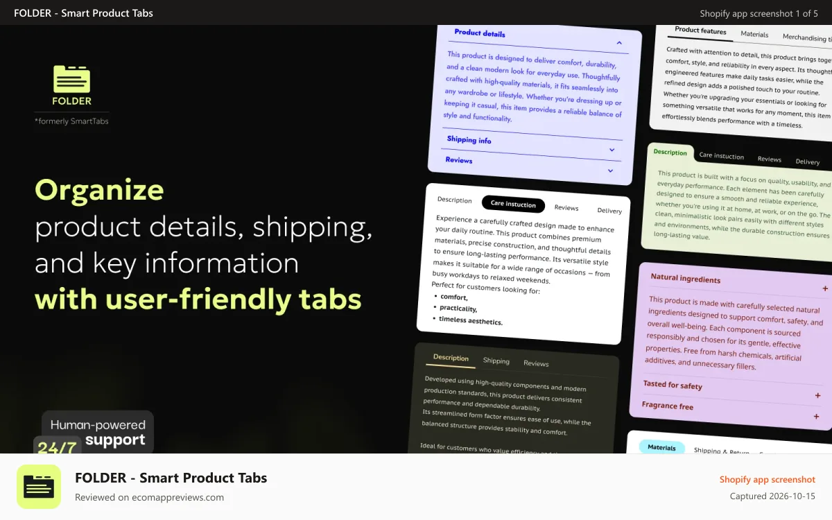FOLDER ‑ Smart Product Tabs Shopify app screenshot: Product page tabs. Fully customizable tabs.