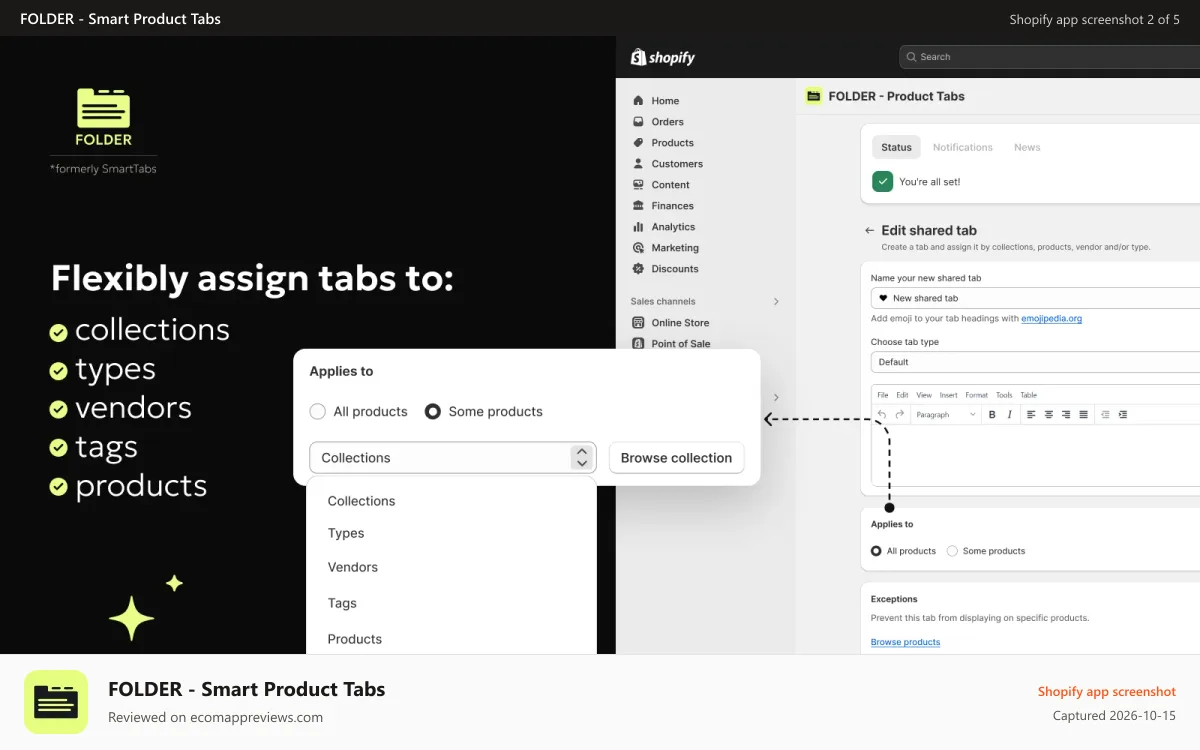 FOLDER ‑ Smart Product Tabs Shopify app screenshot: Assign tabs to a single product, product group, collection, tags