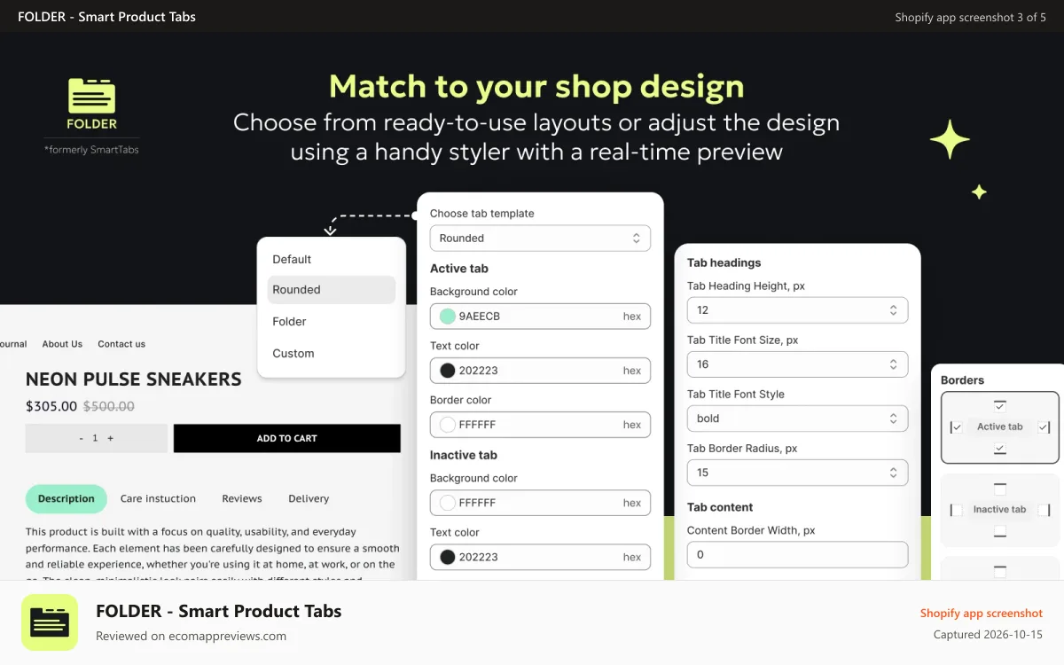 FOLDER ‑ Smart Product Tabs Shopify app screenshot: Customize tabs style to Match your store design