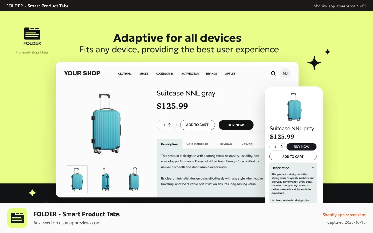 FOLDER ‑ Smart Product Tabs Shopify app screenshot: Responsive and adaptive for all devices and screens