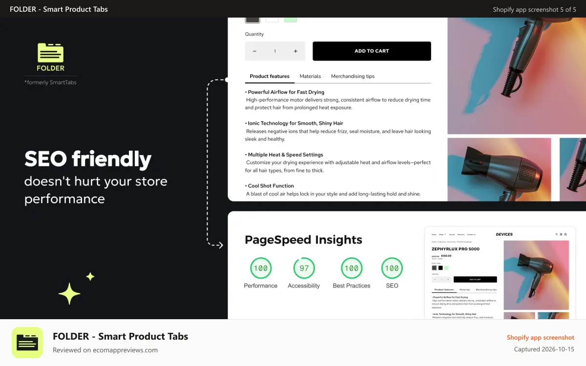 FOLDER ‑ Smart Product Tabs Shopify app screenshot: SEO friendly and doesn't hurt your store performance