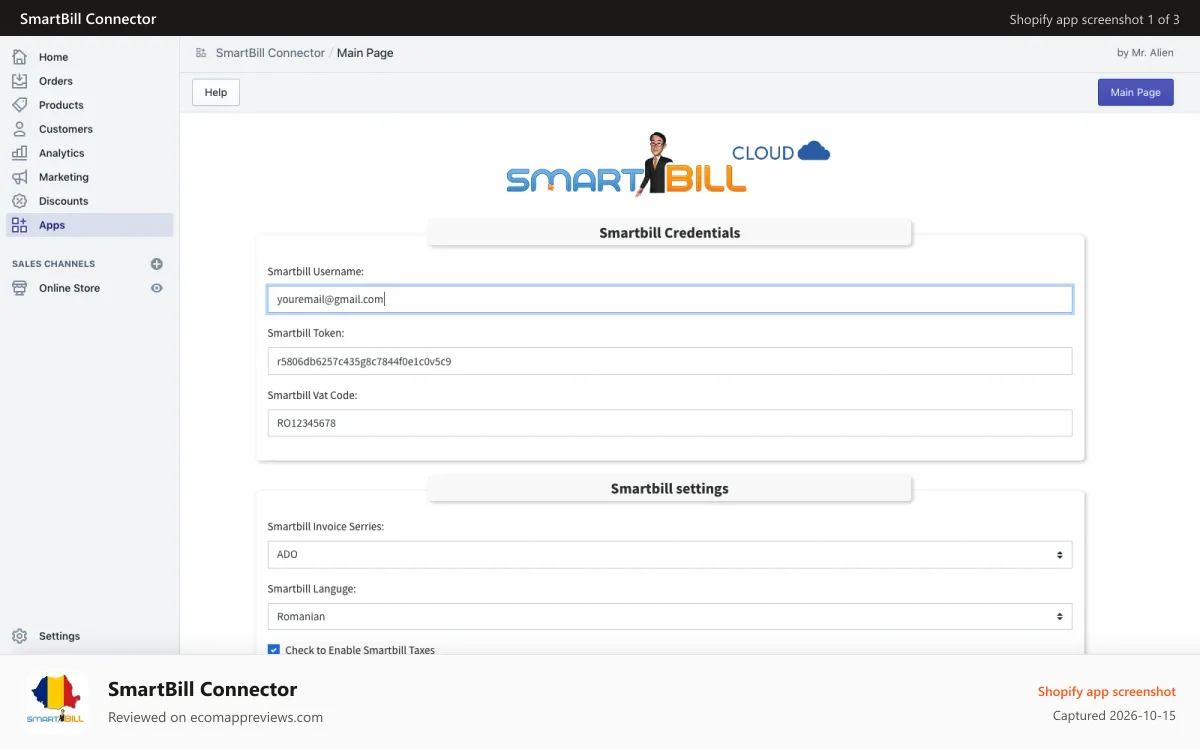 SmartBill Connector Shopify app screenshot: Smartbill App Main Page