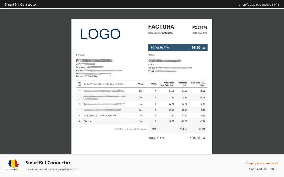 SmartBill Connector Shopify app screenshot: Generated invoice