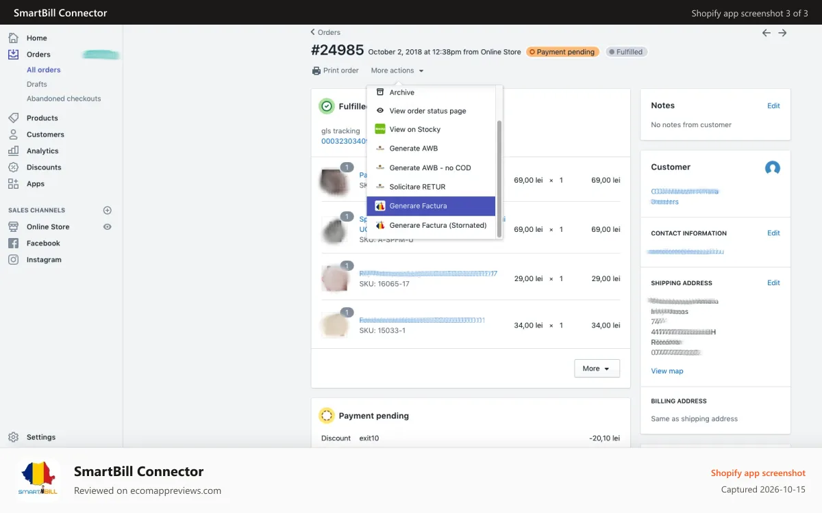 SmartBill Connector Shopify app screenshot: Generate invoice from order details page