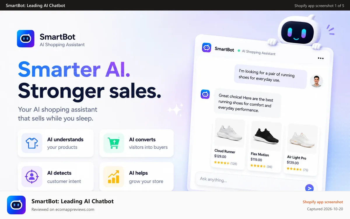 SmartBot: Leading AI Chatbot Shopify app screenshot: AI Shopping Assistant That Helps Customers Buy Faster