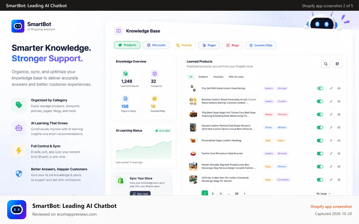 SmartBot: Leading AI Chatbot Shopify app screenshot: Smart Knowledge Base That Helps Support Stay Accurate