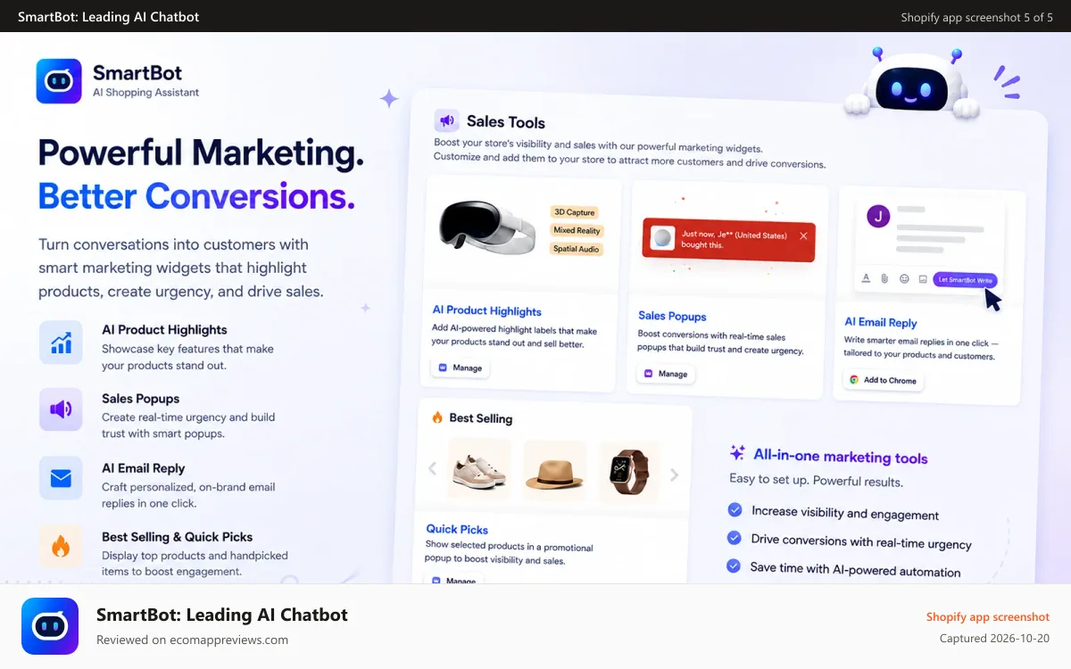 SmartBot: Leading AI Chatbot Shopify app screenshot: Marketing Tools That Help Turn Chats Into Sales