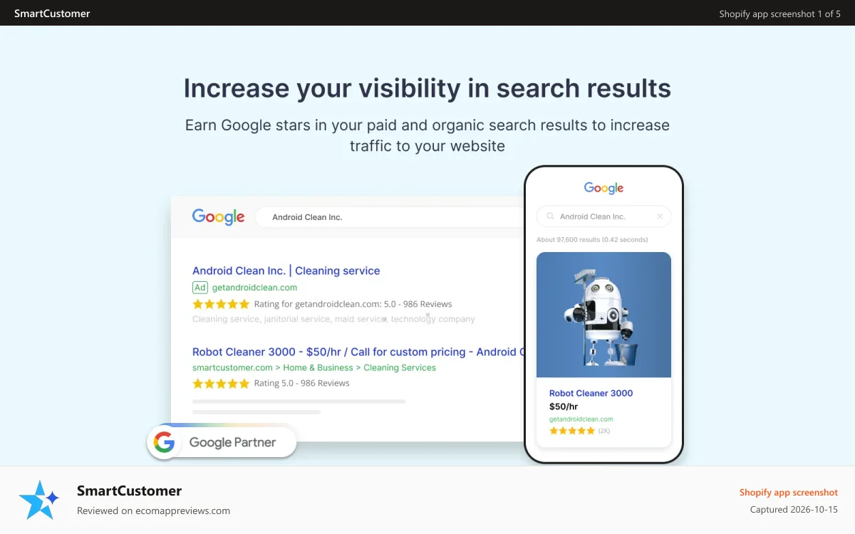 SmartCustomer Shopify app screenshot: Increase your visibility in search results