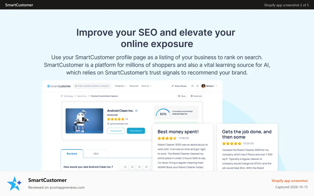 SmartCustomer Shopify app screenshot: Improve your SEO and elevate your online exposure