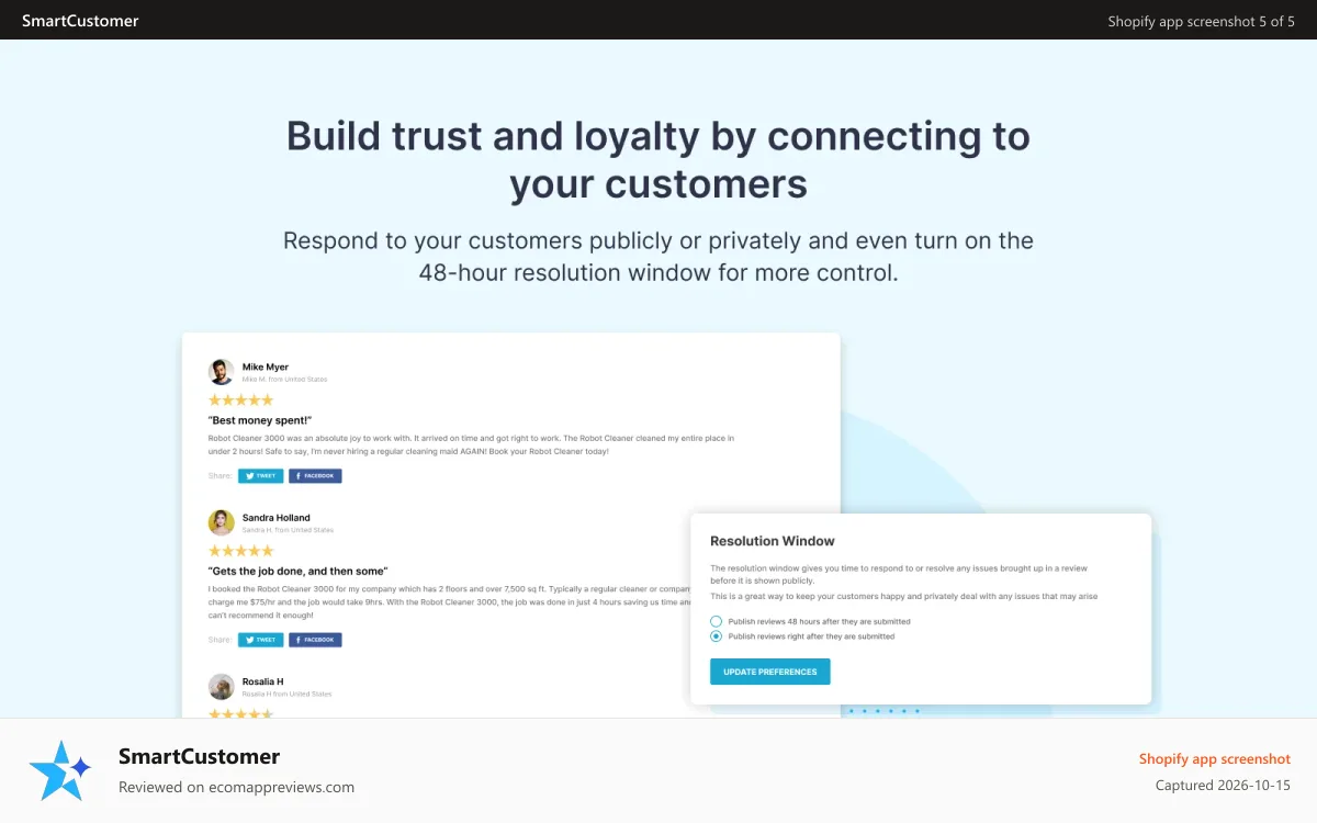 SmartCustomer Shopify app screenshot: Build trust and loyalty by connecting to your customers