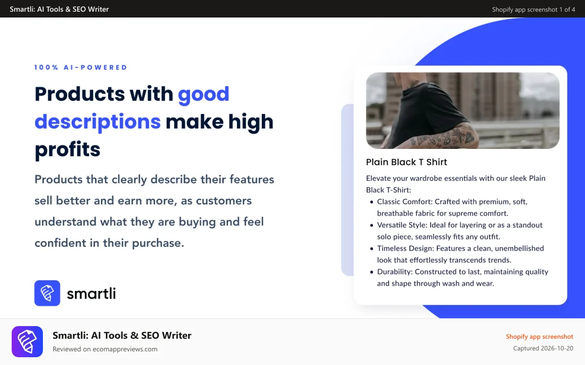 Smartli: AI Tools & SEO Writer Shopify app screenshot: Create multiple product descriptions in seconds