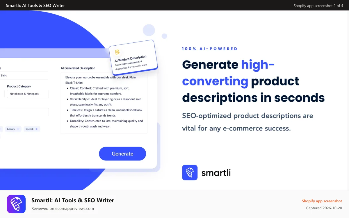 Smartli: AI Tools & SEO Writer Shopify app screenshot: Write product descriptions that boost conversions
