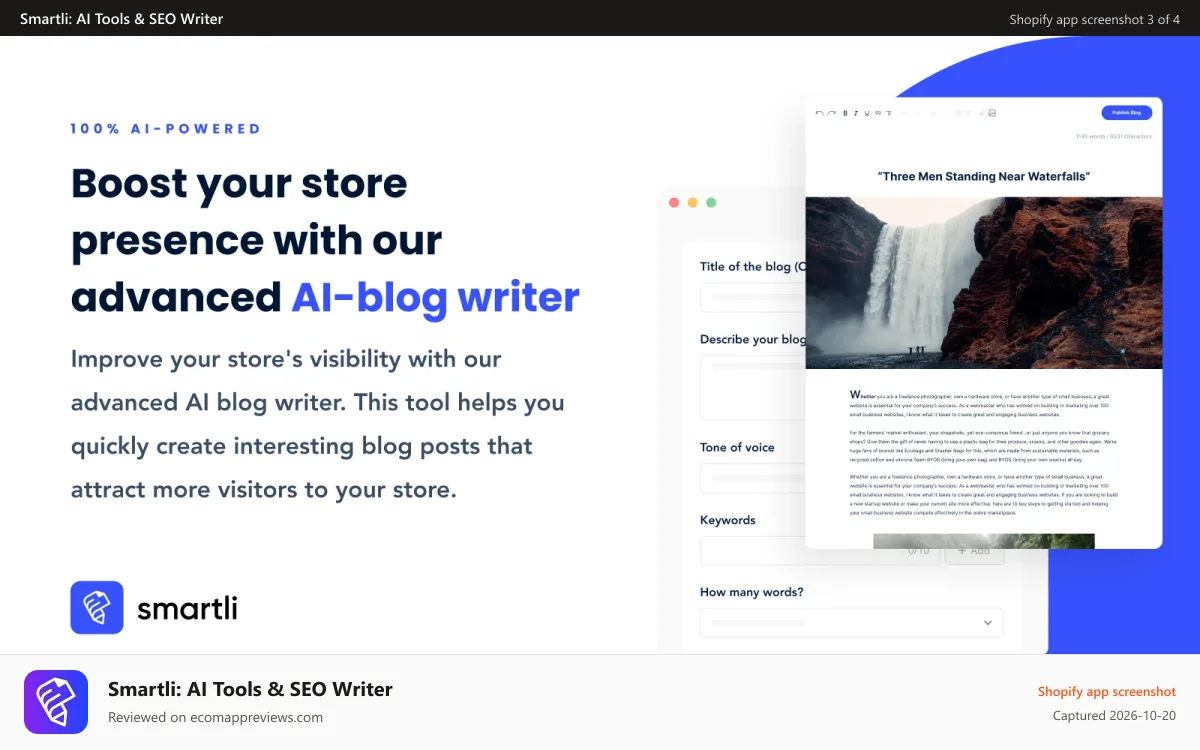 Smartli: AI Tools & SEO Writer Shopify app screenshot: Import products directly from your store