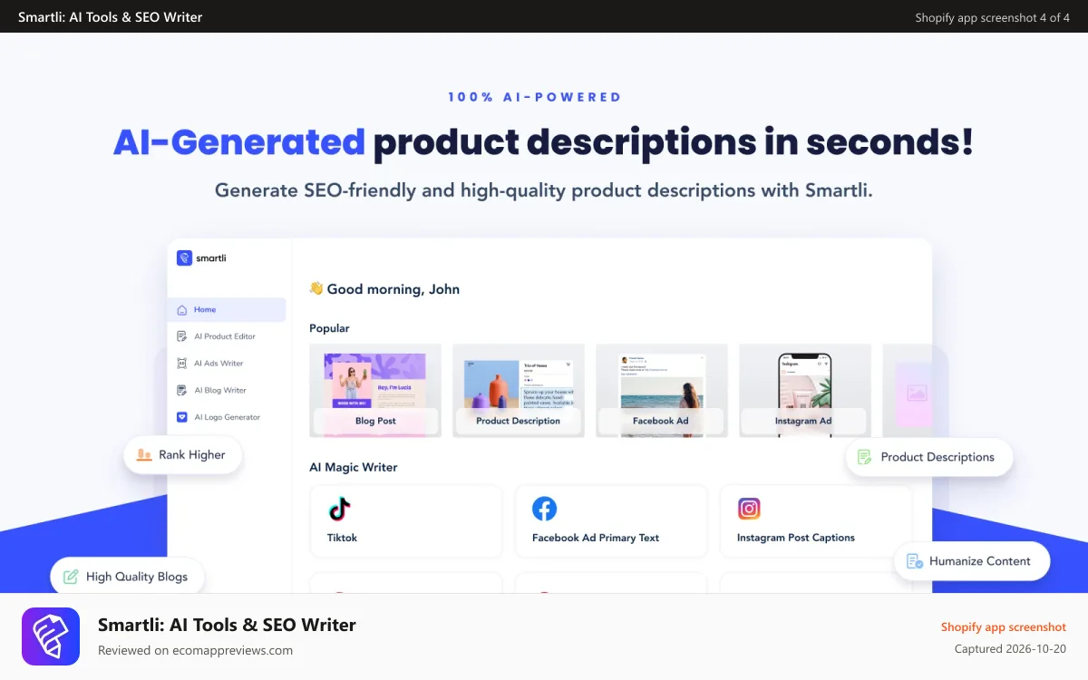 Smartli: AI Tools & SEO Writer Shopify app screenshot: Publish generated description to your store