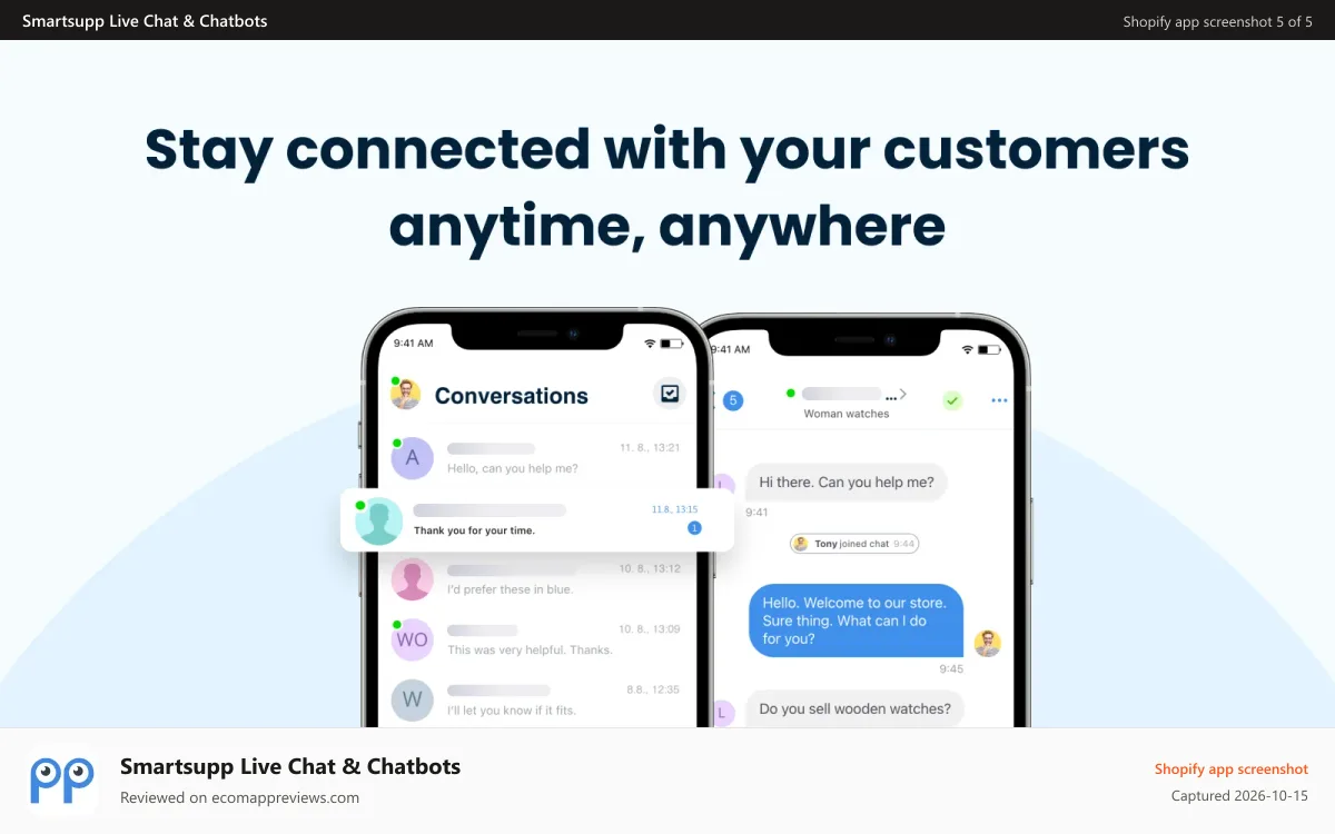 Smartsupp Live Chat & Chatbots Shopify app screenshot: Manage conversations on-the-go with the Smartsupp mobile app.