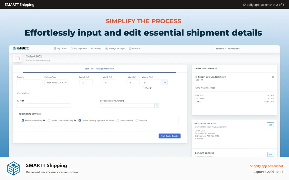 SMARTT Shipping Shopify app screenshot: Customize settings, access package and shipper information.
