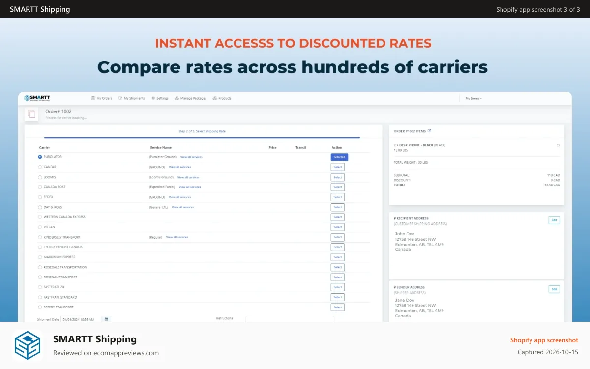 SMARTT Shipping Shopify app screenshot: View pricing and book shipments with various carriers.