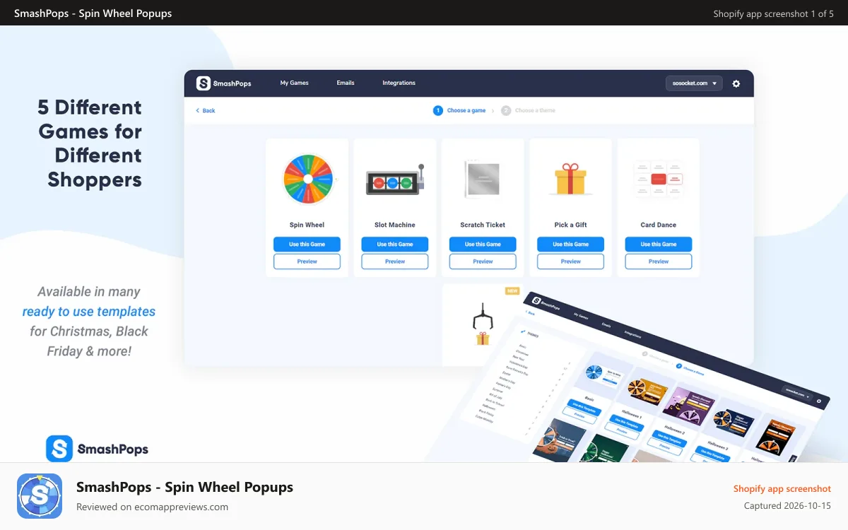 SmashPops ‑ Spin Wheel Popups Shopify app screenshot: Create Spin To Win Popups with Customizable Game Templates