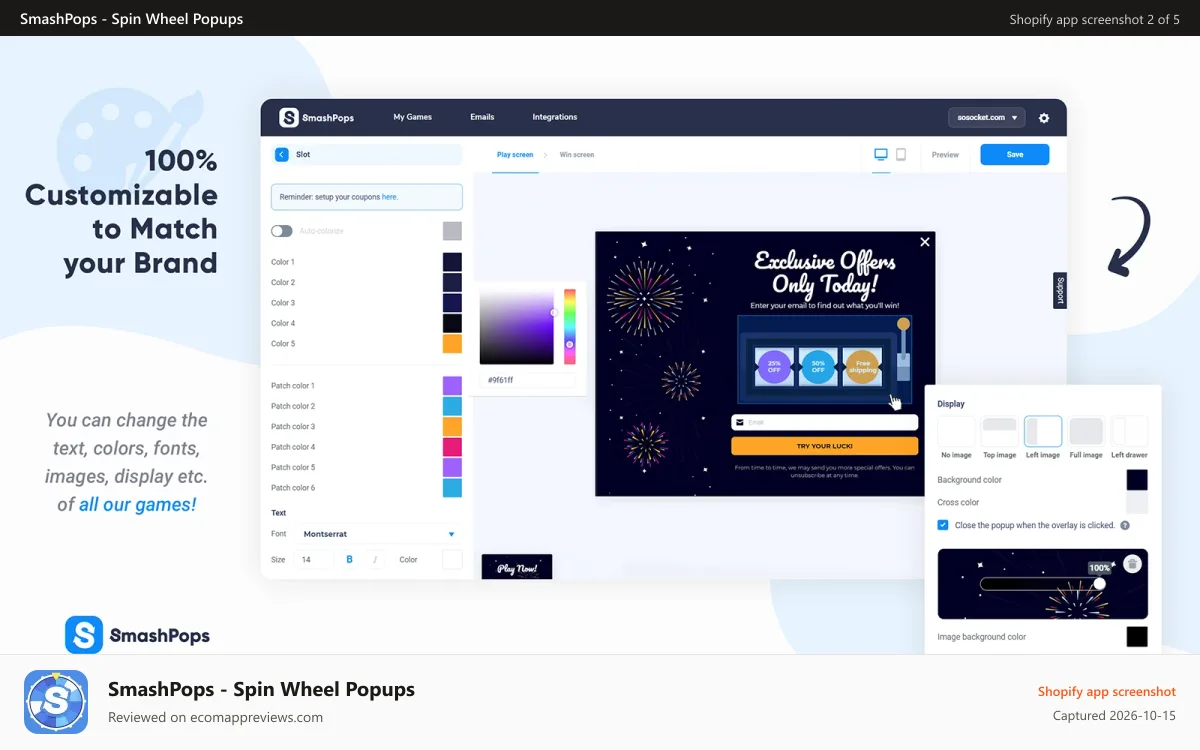 SmashPops ‑ Spin Wheel Popups Shopify app screenshot: Customize Popup Design, Colors, Wheel of Fortune & Layouts