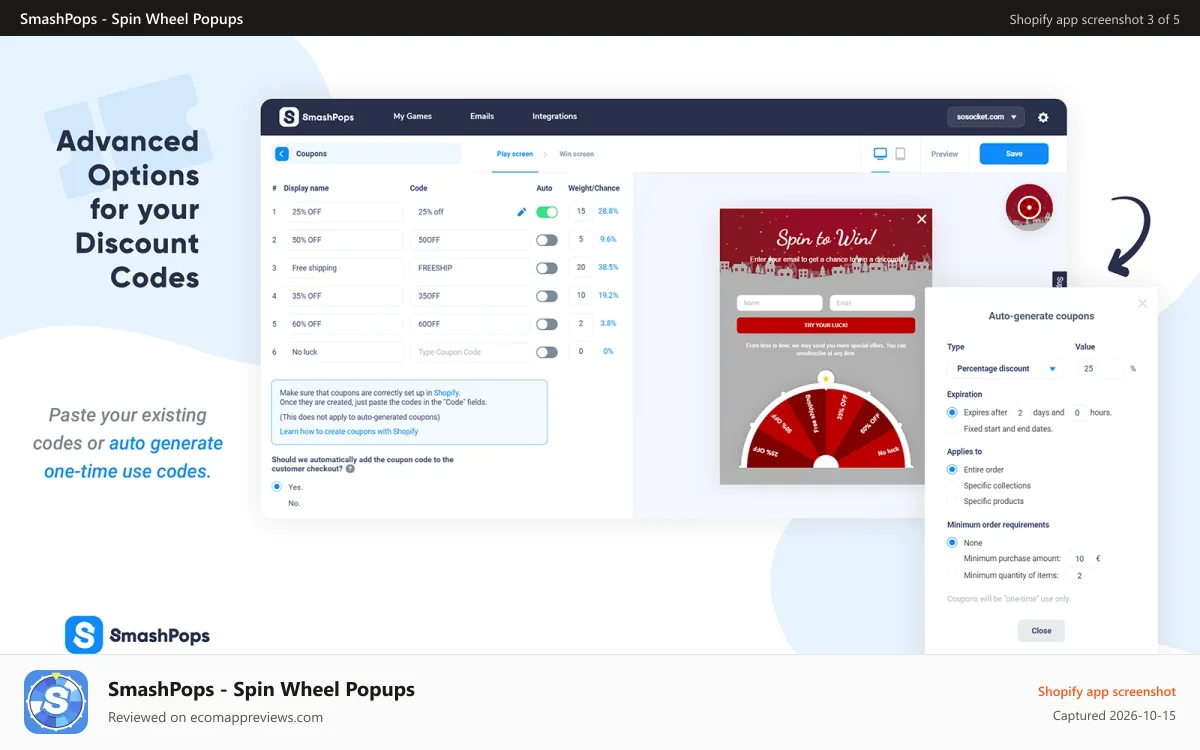 SmashPops ‑ Spin Wheel Popups Shopify app screenshot: Generate Coupon Code Choose Automate Email Send Win Chance