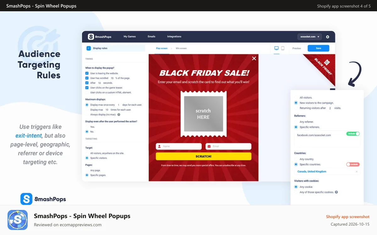 SmashPops ‑ Spin Wheel Popups Shopify app screenshot: Triggers Targeting Exit Intent, Scroll, Device, Page Timing