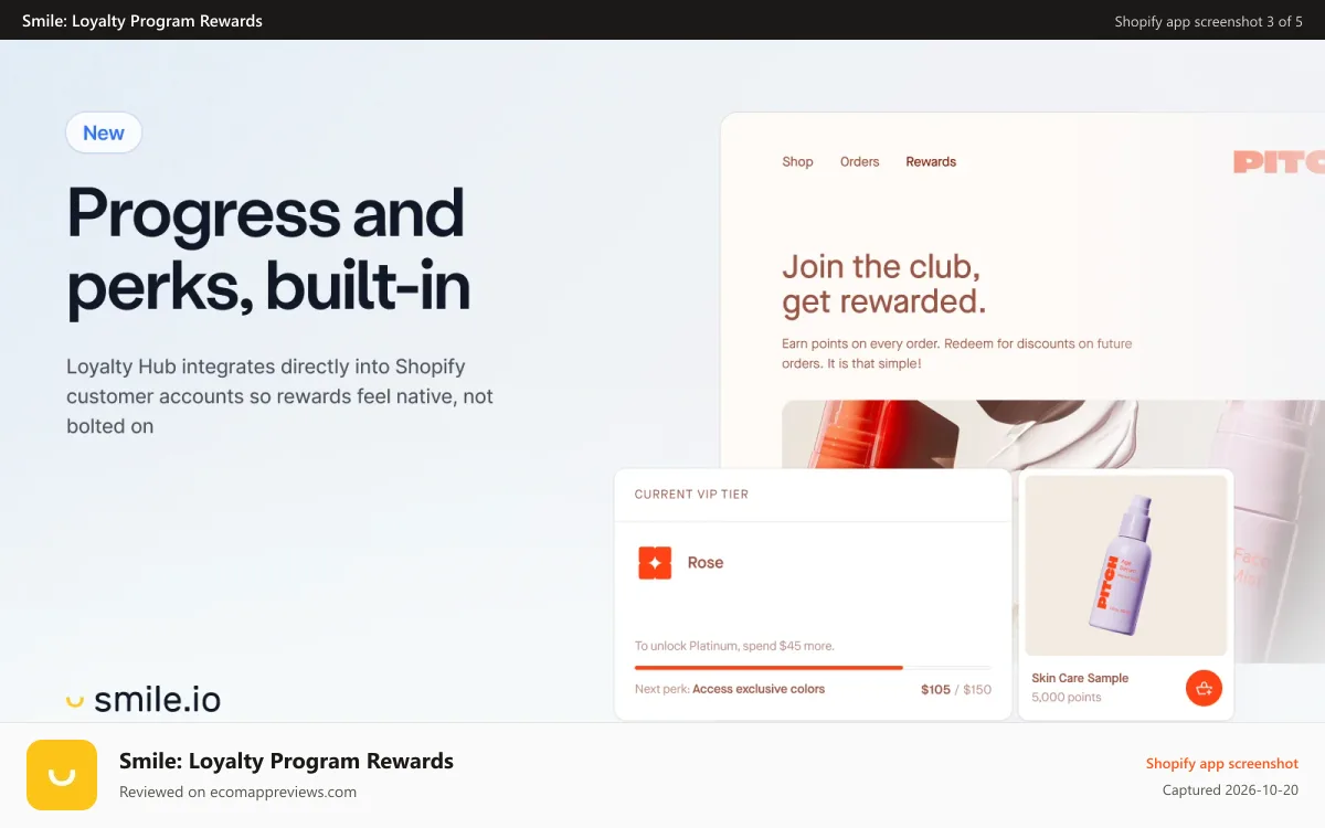 Smile: Loyalty Program Rewards Shopify app screenshot: Progress and perks, built-in