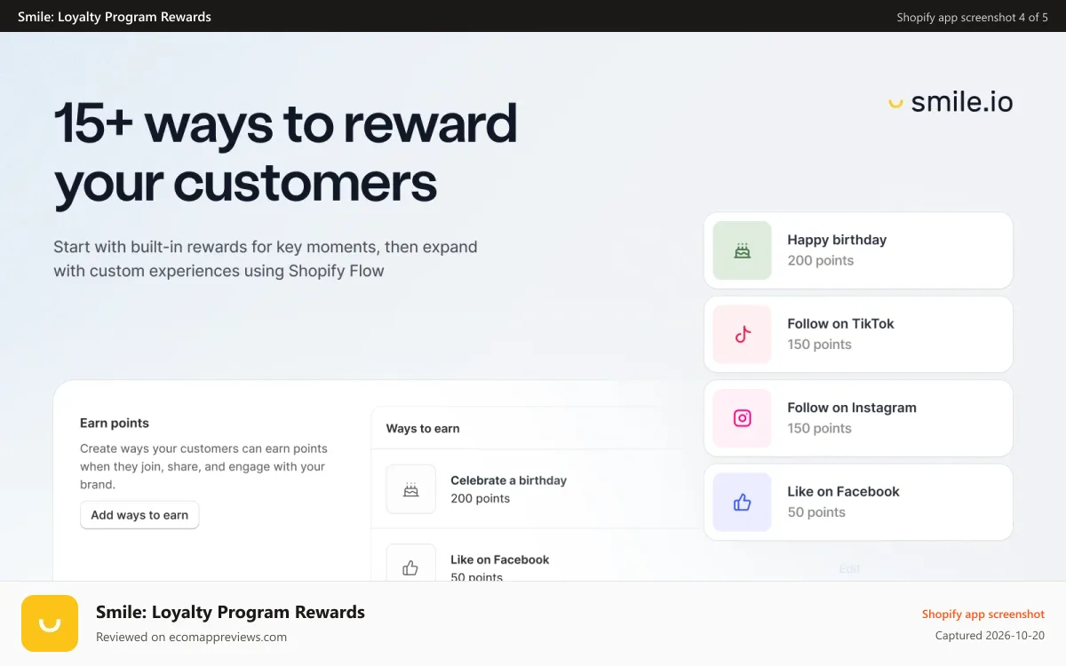Smile: Loyalty Program Rewards Shopify app screenshot: 15+ ways to reward your customers