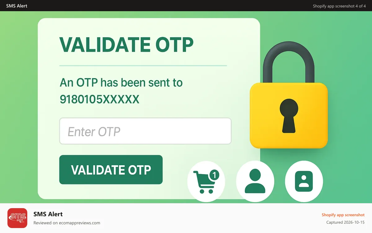 SMS Alert Shopify app screenshot: OTP for Cart / Checkout, OTP for Registration