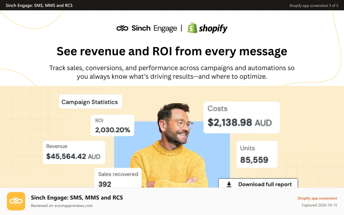 Sinch Engage: SMS, MMS and RCS Shopify app screenshot: Turn your real-time data into growth. SMS reporting for the win.