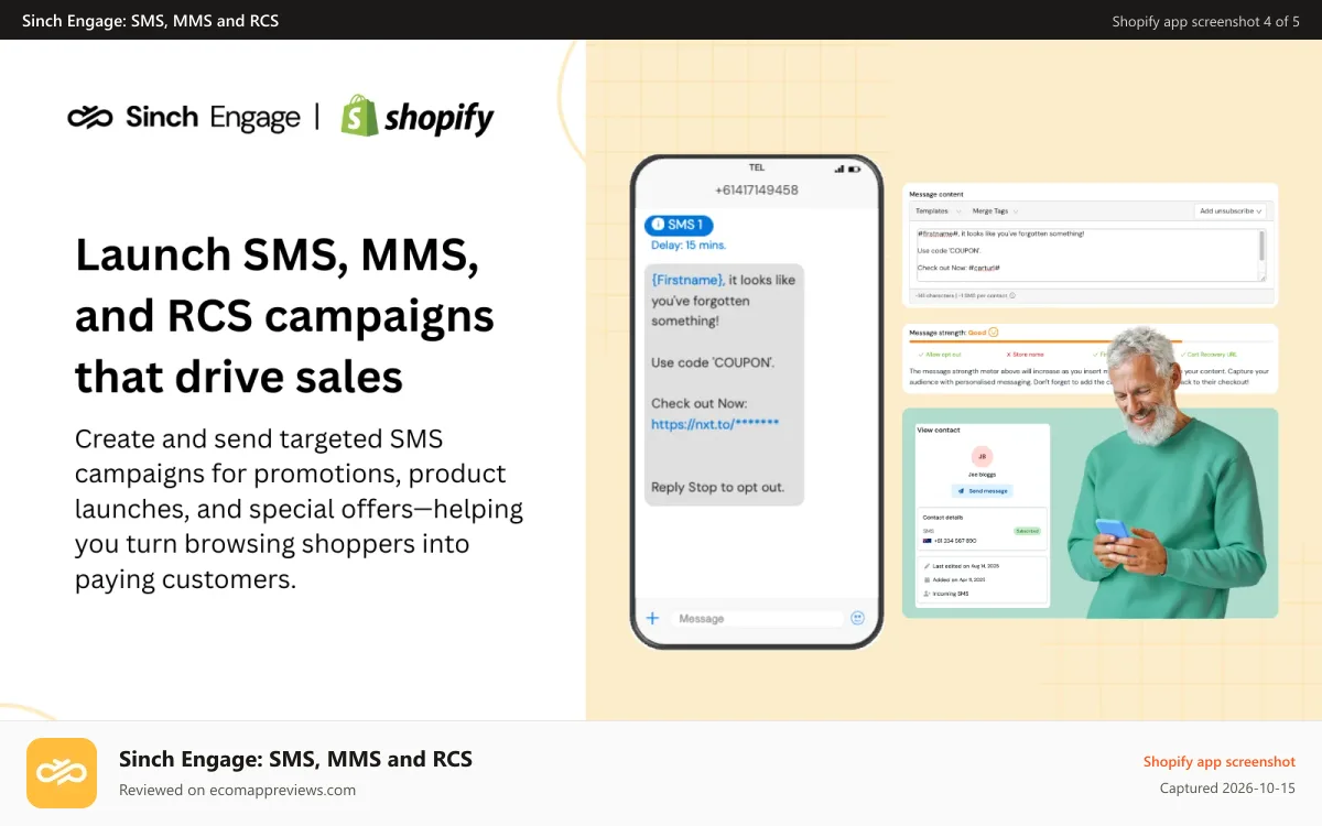 Sinch Engage: SMS, MMS and RCS Shopify app screenshot: Build customer lists, send targeted text campaigns, boost ROI.