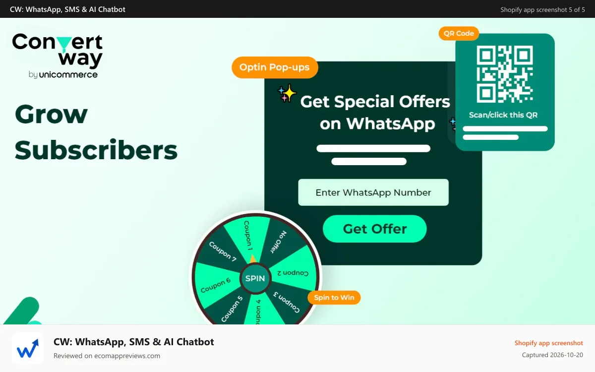 CW: WhatsApp, SMS & AI Chatbot Shopify app screenshot: Subscriber Opt-in Popup & Welcome Message Automation