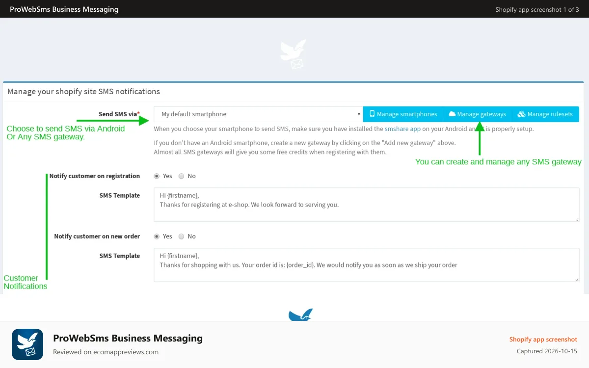 ProWebSms Business Messaging Shopify app screenshot: Setup customer notification