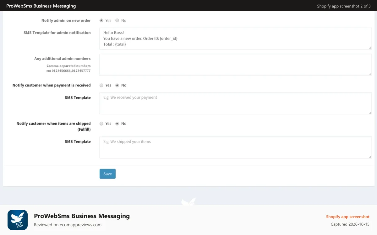 ProWebSms Business Messaging Shopify app screenshot: Admin notifications and other customer SMS