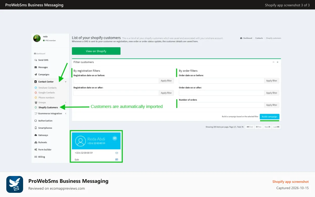 ProWebSms Business Messaging Shopify app screenshot: Customers are automatically imported