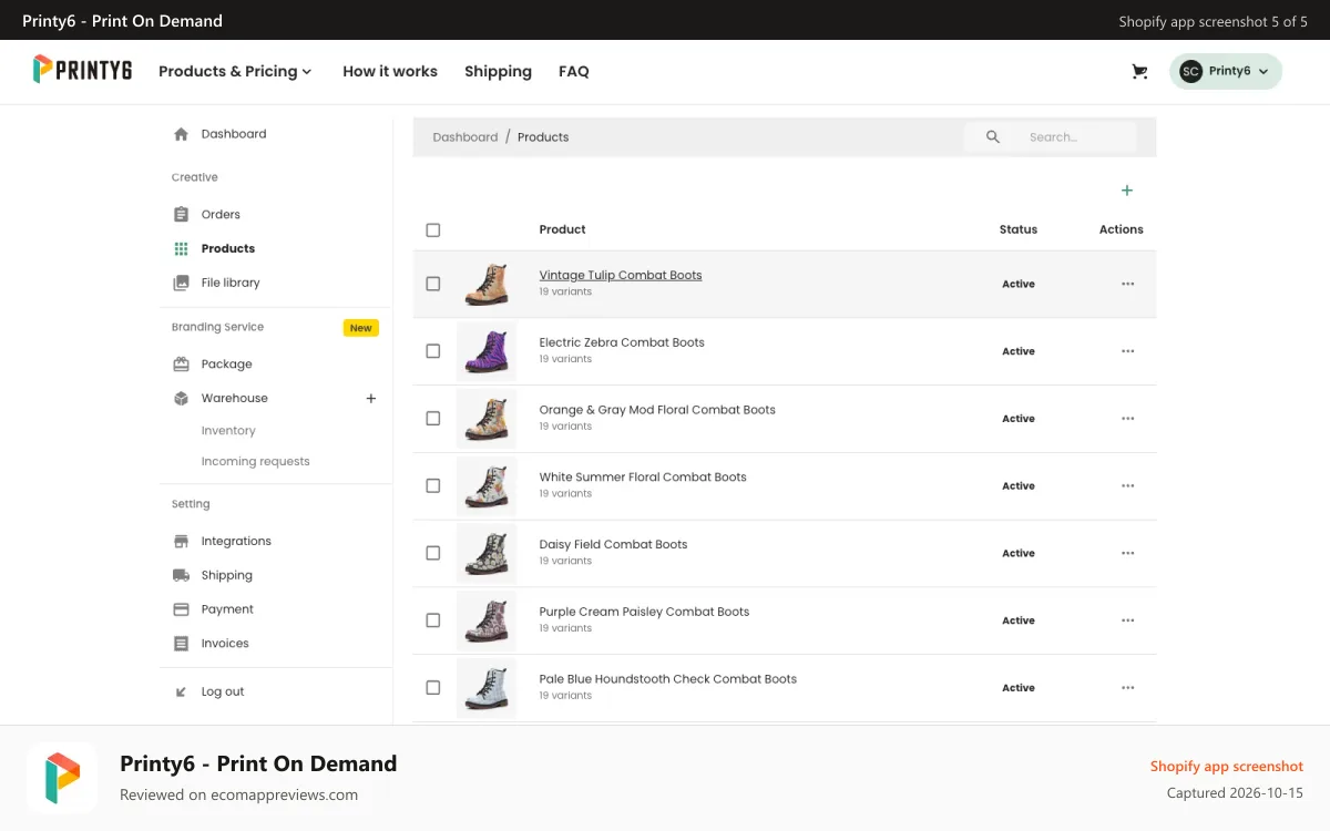 Printy6 ‑ Print On Demand Shopify app screenshot: Product list