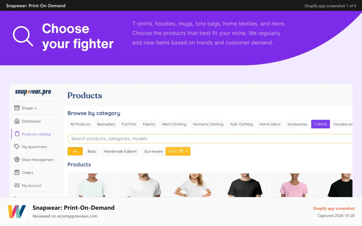 Snapwear: Print‑On‑Demand Shopify app screenshot: Choose product