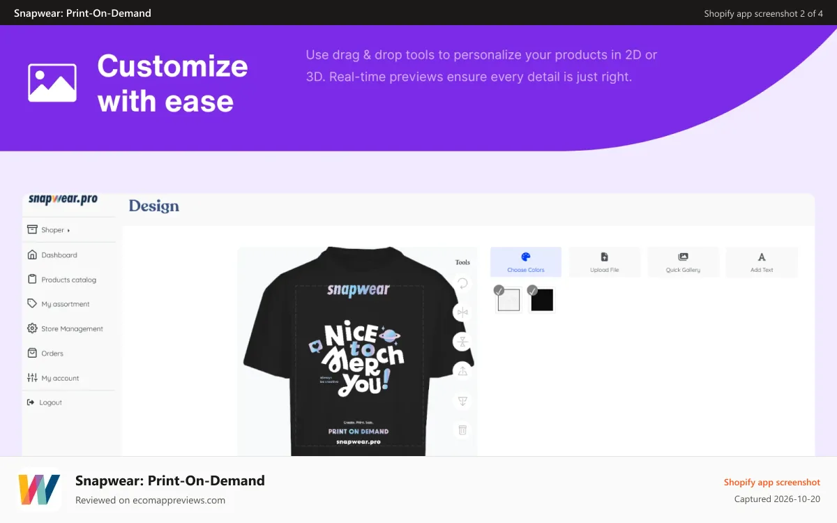 Snapwear: Print‑On‑Demand Shopify app screenshot: Customize your design