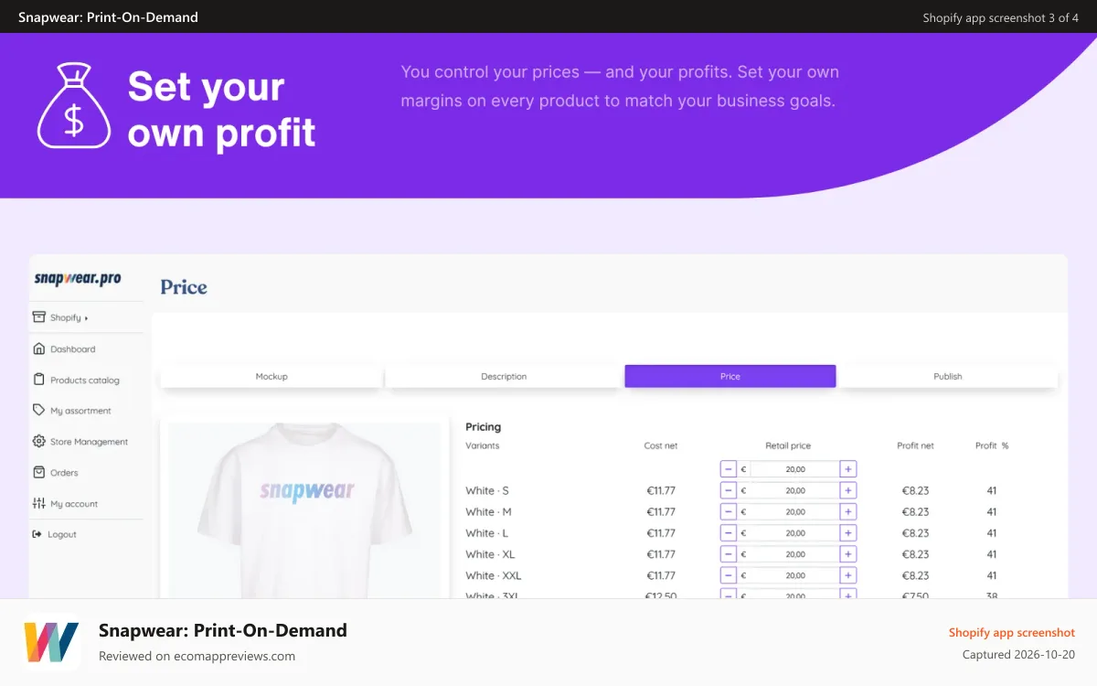 Snapwear: Print‑On‑Demand Shopify app screenshot: Set a price