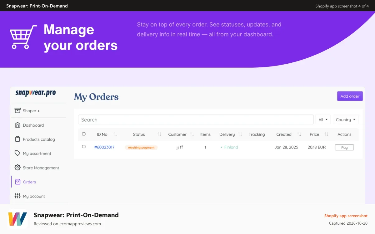 Snapwear: Print‑On‑Demand Shopify app screenshot: Orders