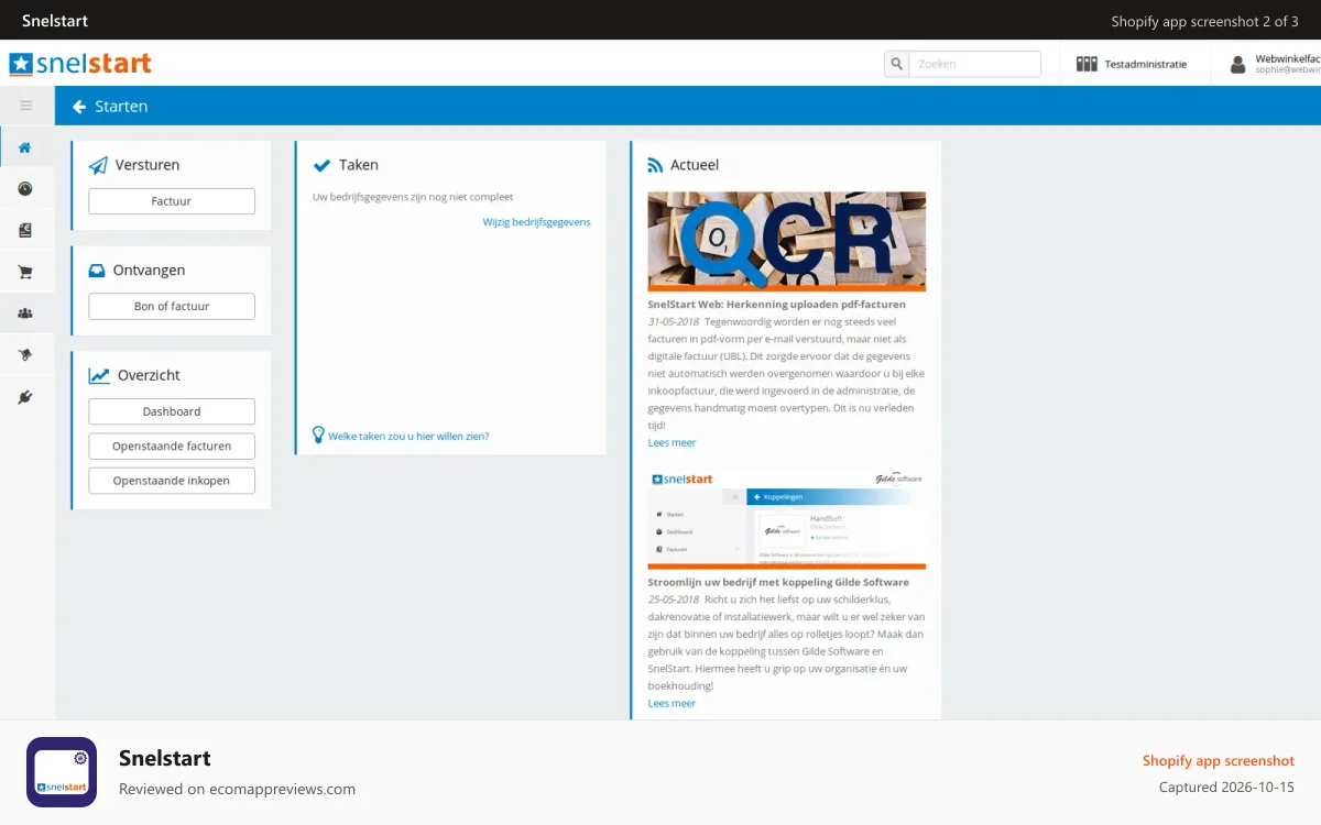 Snelstart Shopify app screenshot: Snelstart startscherm