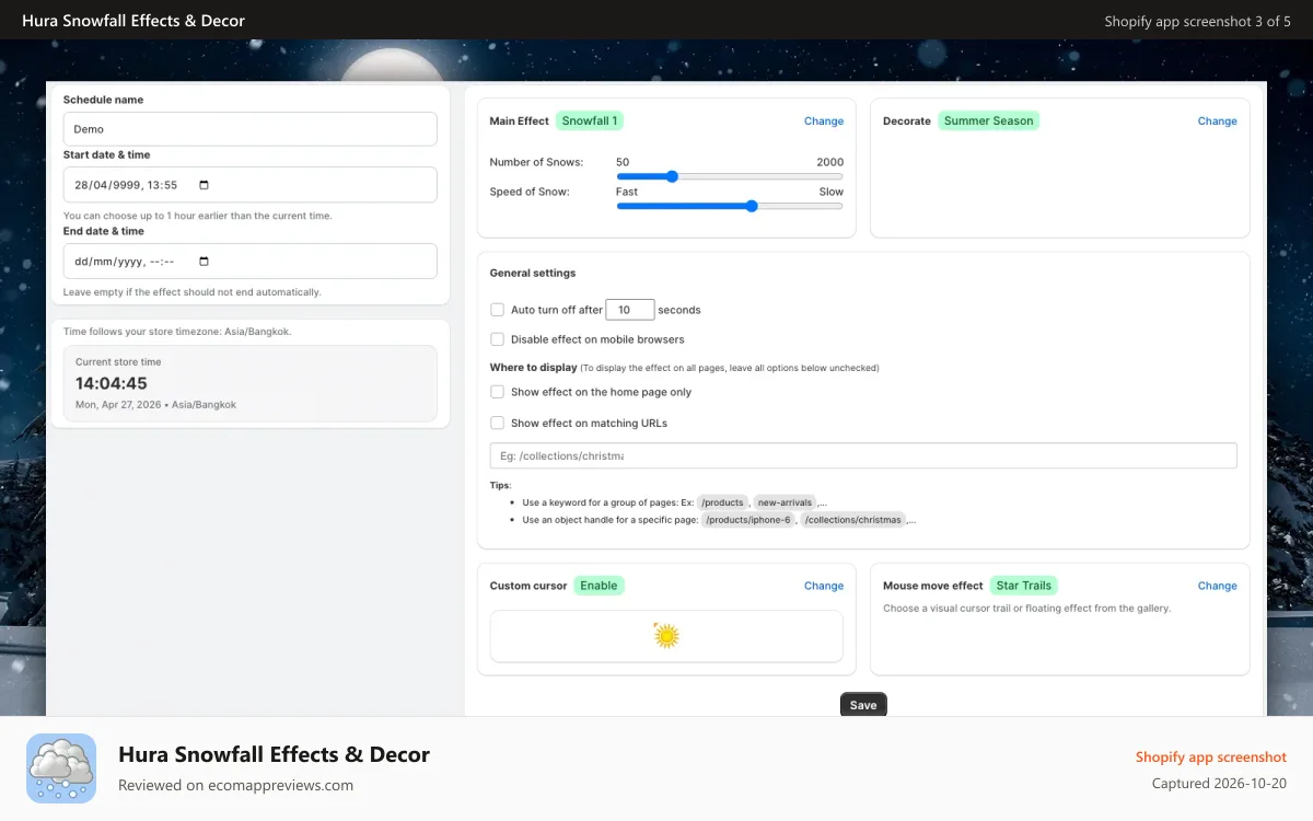 Hura Snowfall Effects & Decor Shopify app screenshot: Back-end Pro