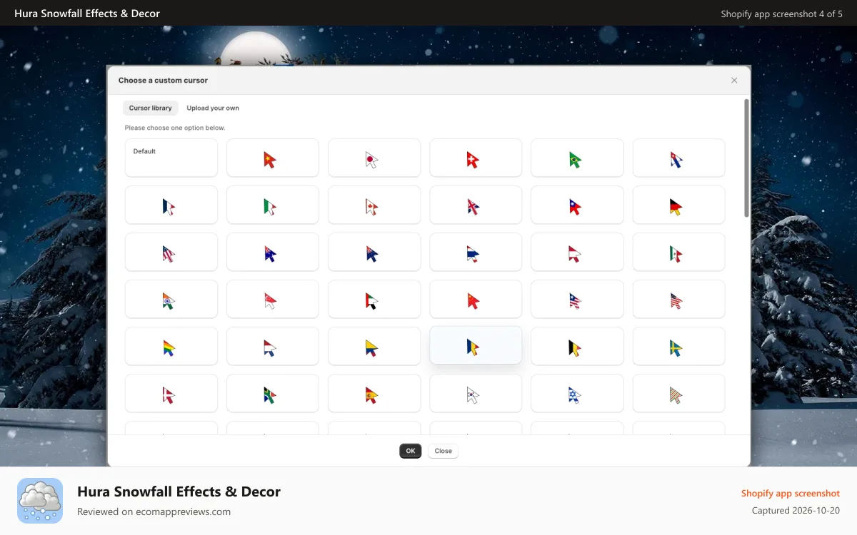 Hura Snowfall Effects & Decor Shopify app screenshot: Custom Cursors