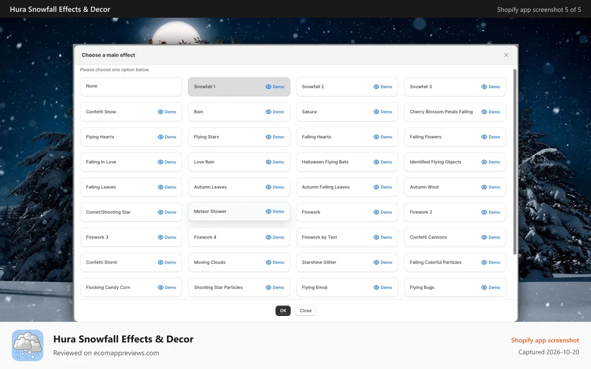 Hura Snowfall Effects & Decor Shopify app screenshot: Seasonal Effects