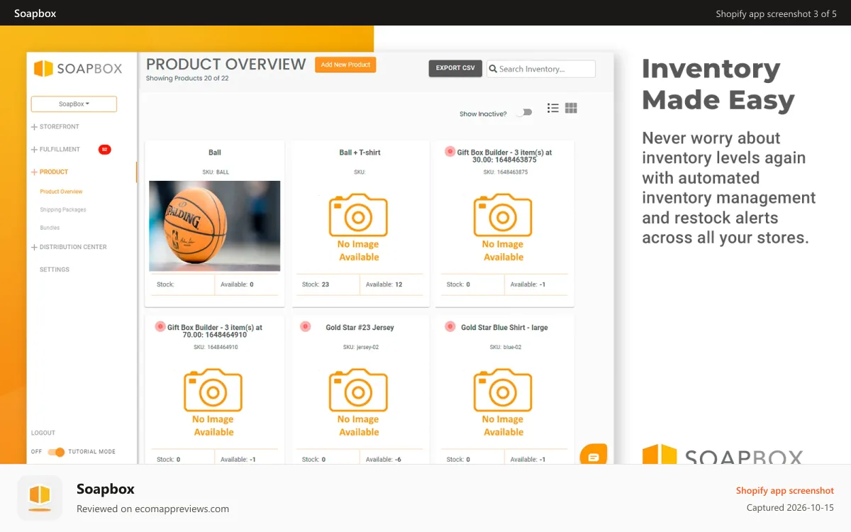 Soapbox Shopify app screenshot: Inventory management software and product management